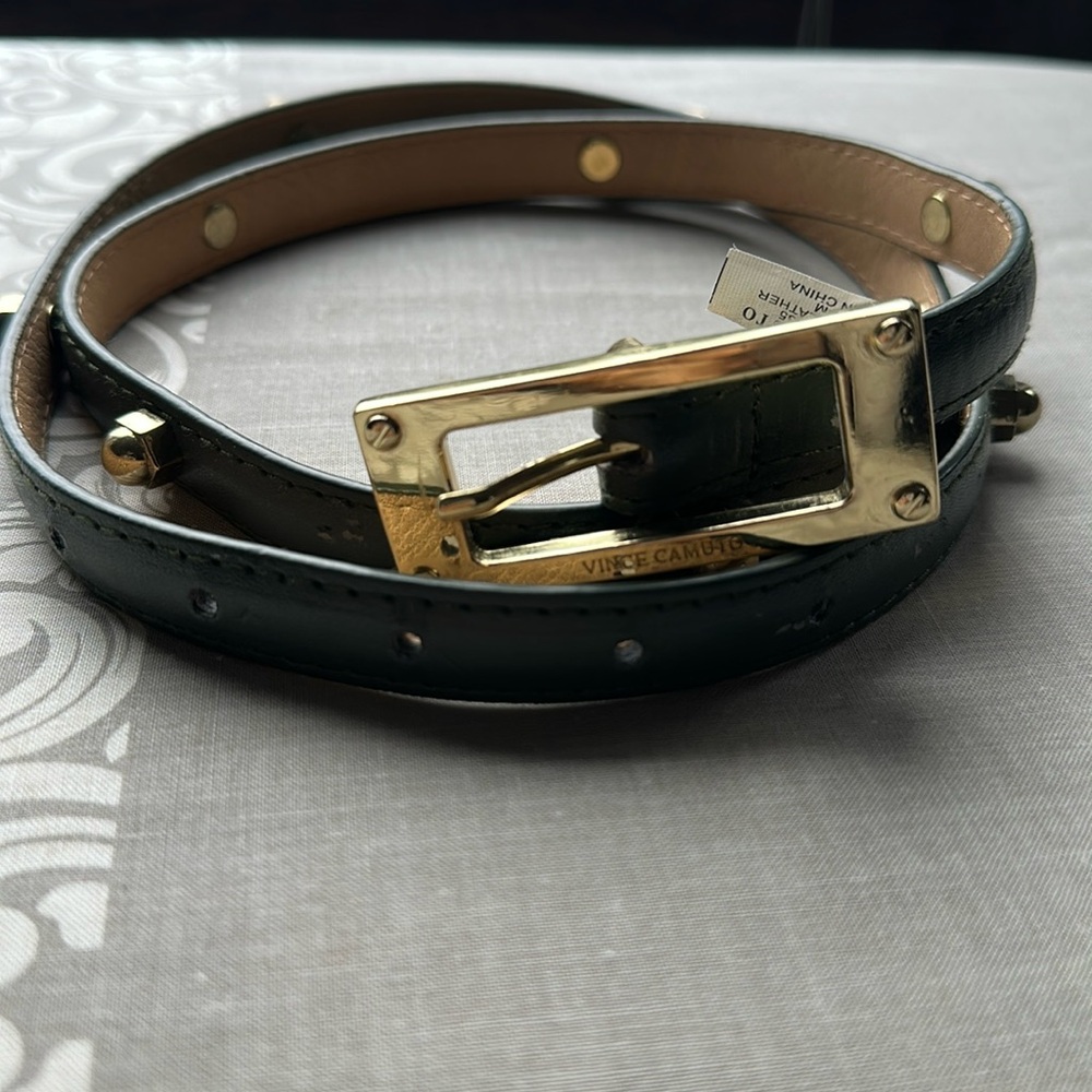 Vince Camuto Women’s Dark Green Leather Skinny Belt with Gold Buckle